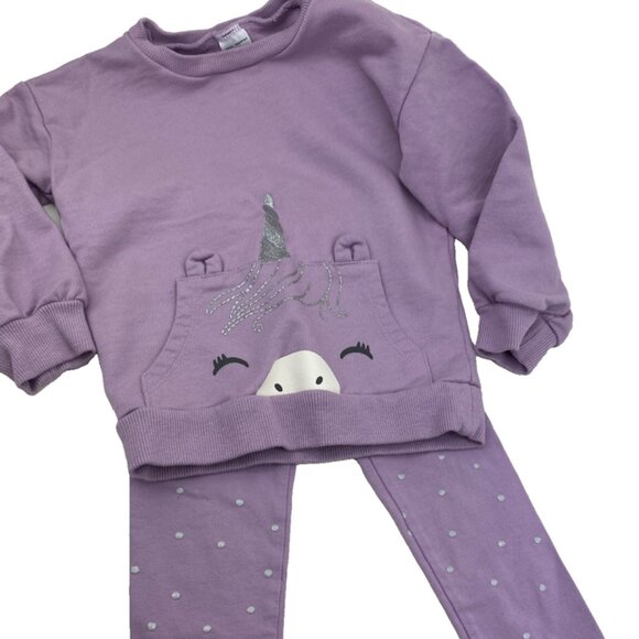 Baby Outfit Girls Size 2T Toddlers Matching 2pc Purple Unicorn Sweatshirt Pants - Picture 1 of 7